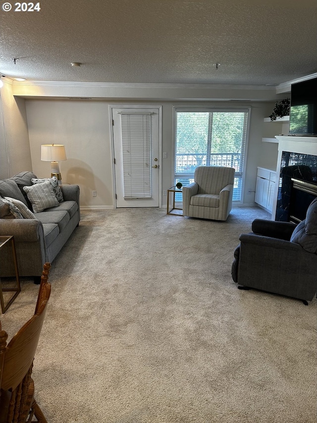 living room with carpet flooring, a high end fireplace, and a textured ceiling