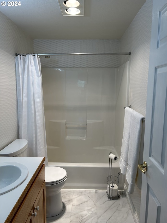 full bathroom featuring shower / bath combo with shower curtain, toilet, tile patterned floors, and vanity