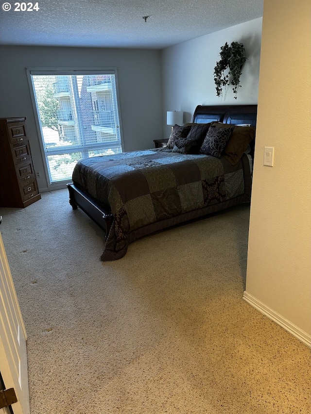 carpeted bedroom with a textured ceiling and access to exterior