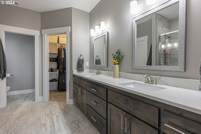 bathroom with vanity, an enclosed shower, and toilet