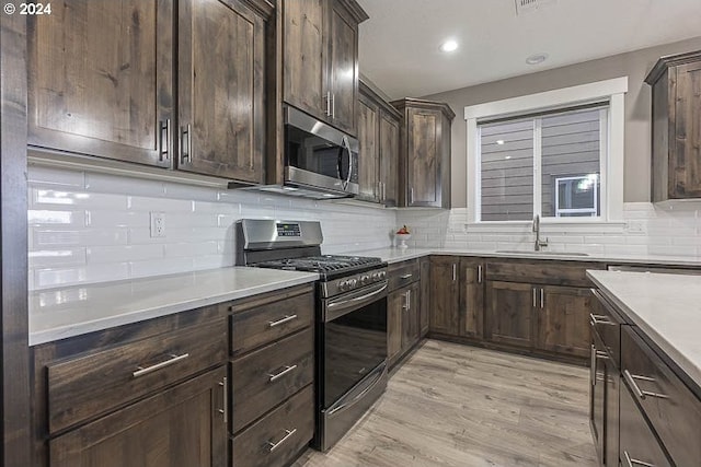 kitchen with backsplash, light hardwood / wood-style floors, sink, and appliances with stainless steel finishes