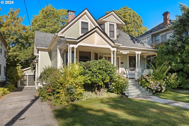 view of front of property featuring a front lawn and covered porch