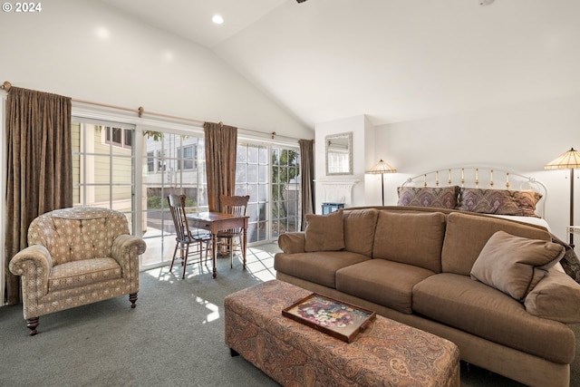 carpeted living room with lofted ceiling