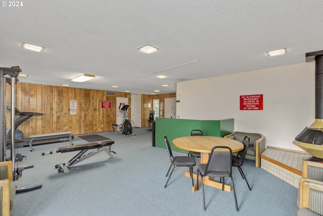 interior space featuring carpet floors, a textured ceiling, and wooden walls