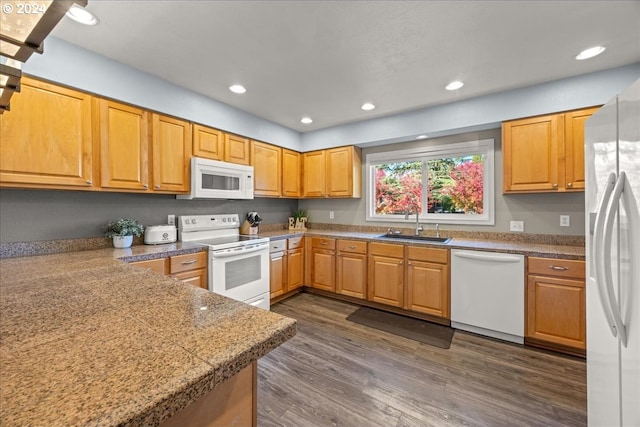 kitchen featuring sink, dark hardwood / wood-style floors, and white appliances