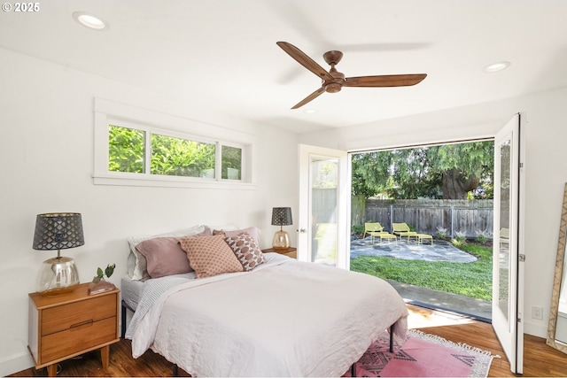 4524 NE 41st Ave, Portland, OR 97211 - bedroom with access to outside, wood finished floors, recessed lighting, and ceiling fan