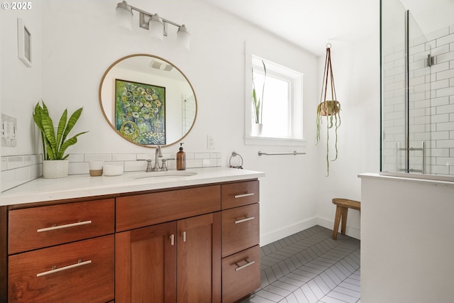 4524 NE 41st Ave, Portland, OR 97211 - full bath with vanity, tile patterned floors, backsplash, and a tile shower