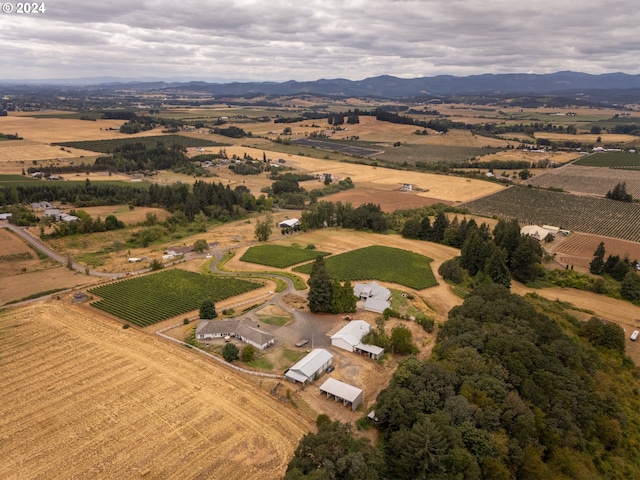 birds eye view of property featuring a mountain view and a rural view