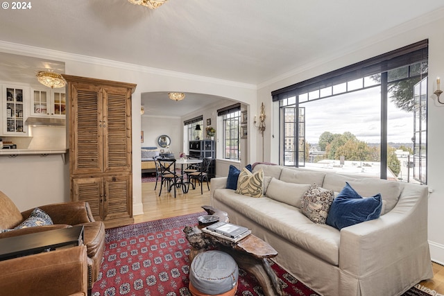 living area with ornamental molding, arched walkways, and wood finished floors