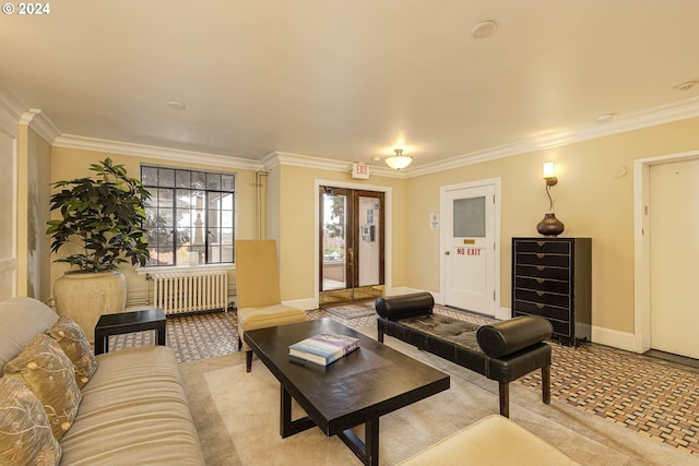 living room with ornamental molding, light carpet, radiator, and french doors