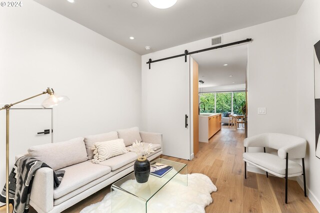 living room featuring light hardwood / wood-style floors, sink, and a barn door