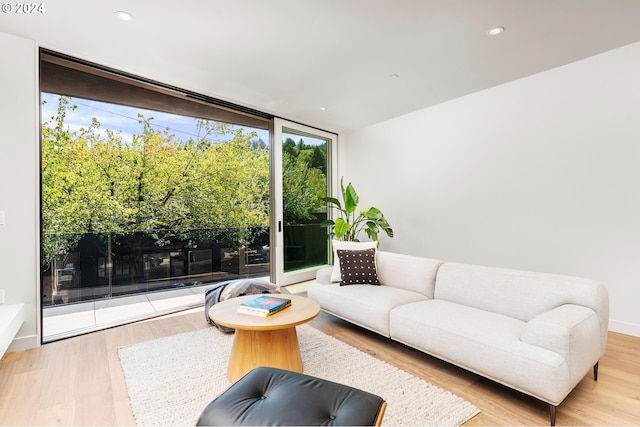 living room featuring light wood-style floors, expansive windows, and recessed lighting