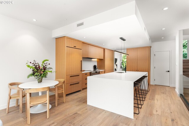 kitchen with an island with sink, light wood-type flooring, hanging light fixtures, and sink