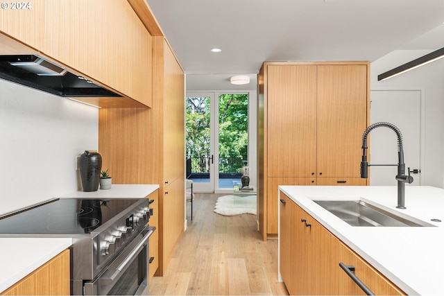 kitchen featuring light hardwood / wood-style flooring, high end stove, light brown cabinetry, and sink