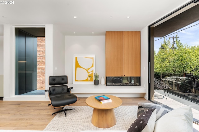 living area with light wood-style floors, recessed lighting, and a fireplace