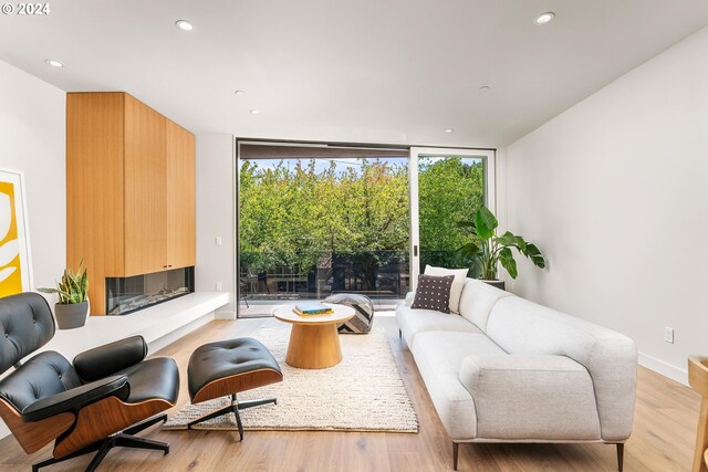 living room with a fireplace, floor to ceiling windows, and light hardwood / wood-style flooring