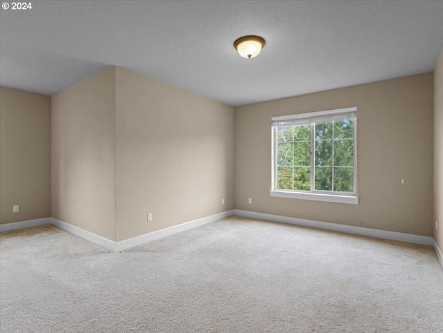 empty room with a textured ceiling and light colored carpet