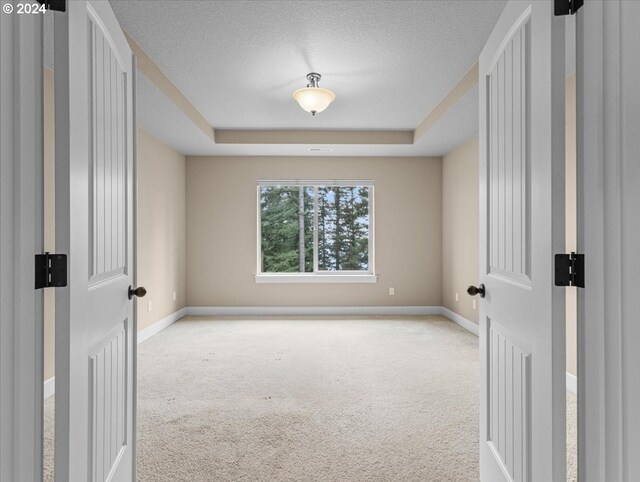 carpeted empty room with a tray ceiling and a textured ceiling