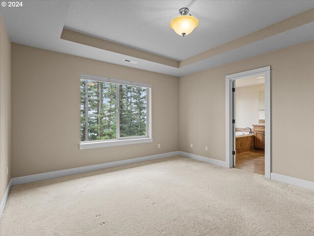 unfurnished bedroom with light carpet, a raised ceiling, a textured ceiling, and connected bathroom