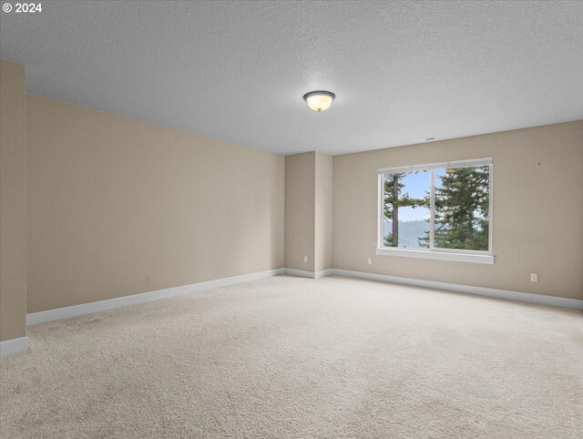 unfurnished room featuring a textured ceiling and light carpet