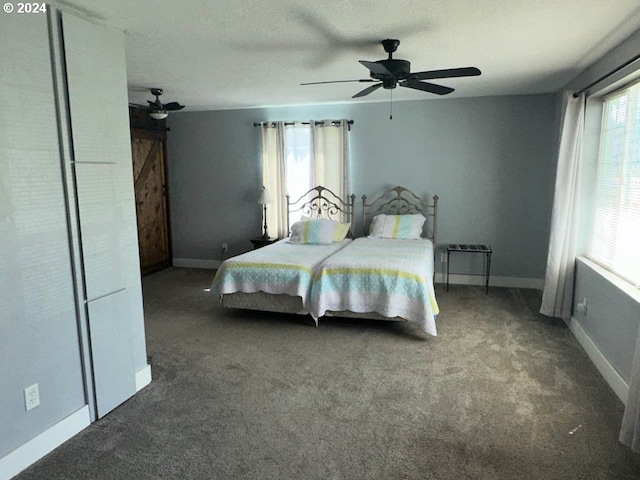 carpeted bedroom with a barn door and ceiling fan