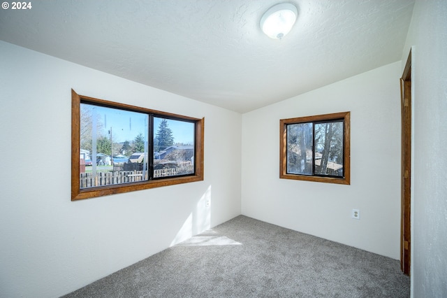 carpeted empty room with a textured ceiling and vaulted ceiling