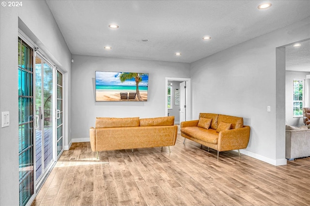 living room featuring a textured ceiling and light wood-type flooring