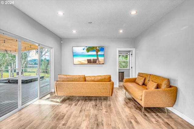 living room featuring light hardwood / wood-style floors and a textured ceiling