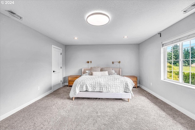 bedroom with carpet floors and a textured ceiling