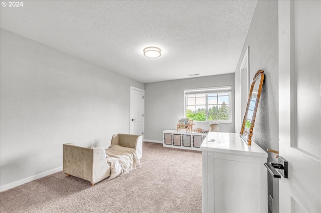 interior space with a textured ceiling and light carpet