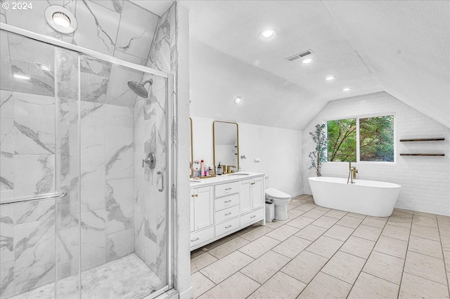 full bathroom with toilet, vanity, separate shower and tub, and lofted ceiling