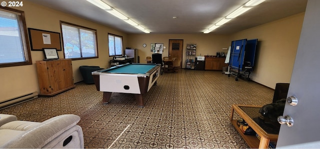 recreation room with baseboard heating, plenty of natural light, and billiards