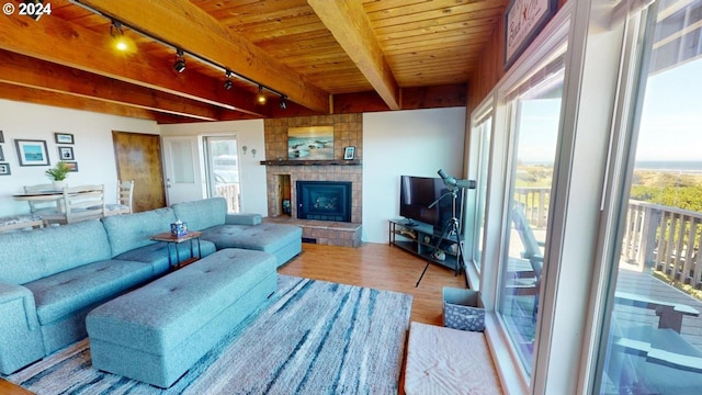 living room with beam ceiling, a tile fireplace, rail lighting, wooden ceiling, and light hardwood / wood-style floors