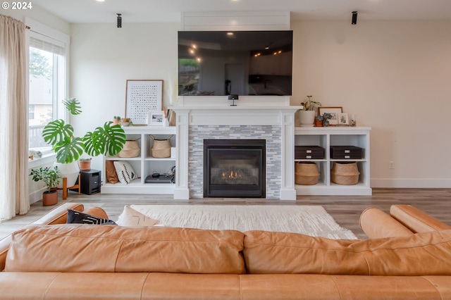 living room with wood-type flooring and a stone fireplace