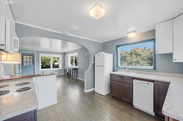 kitchen with white appliances, white cabinets, sink, dark hardwood / wood-style floors, and dark brown cabinets