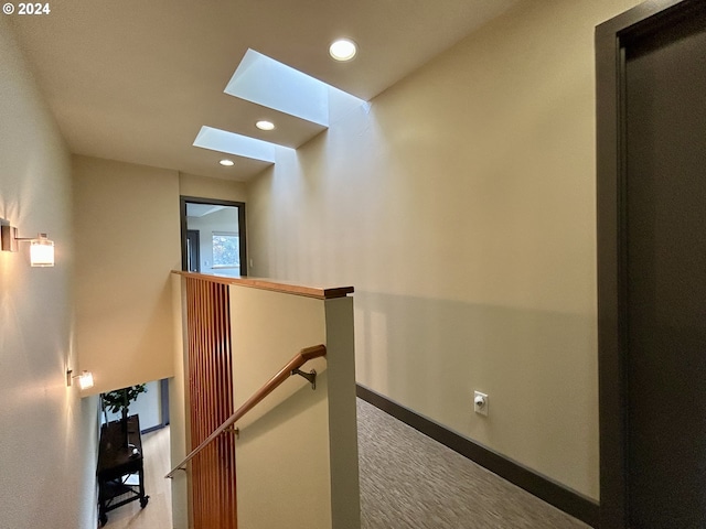 staircase with carpet floors and a skylight