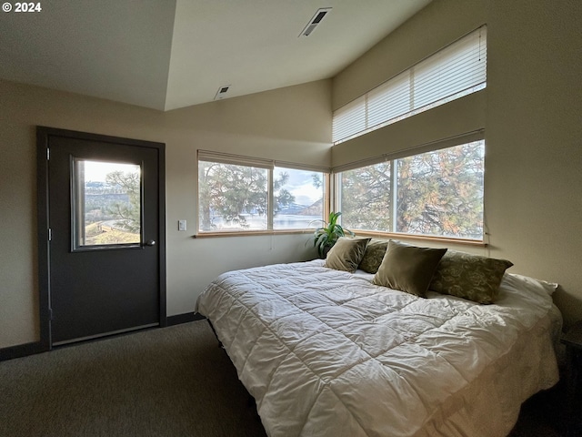 carpeted bedroom featuring lofted ceiling