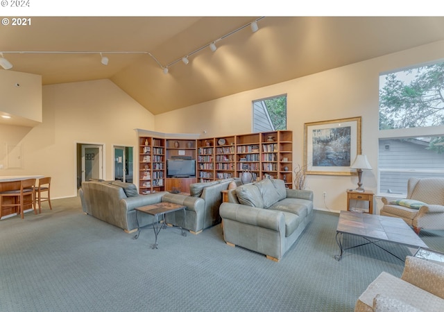 living room featuring track lighting, plenty of natural light, high vaulted ceiling, and carpet flooring