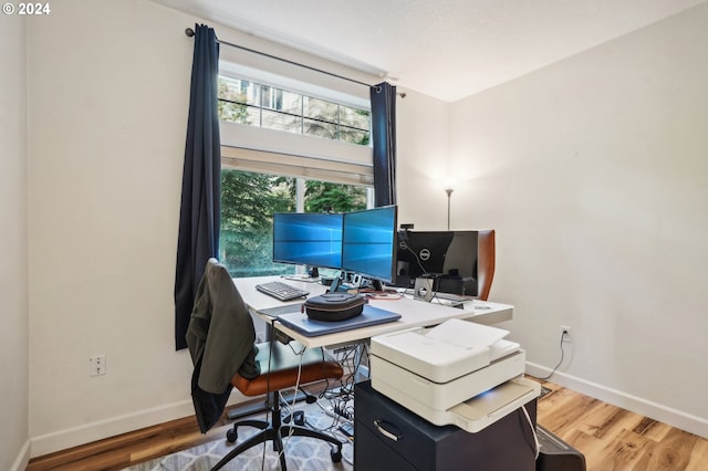 home office with hardwood / wood-style flooring