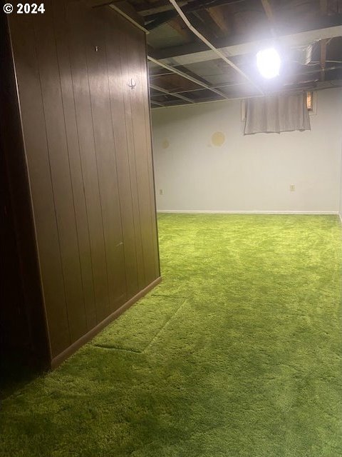 basement with wood walls and carpet