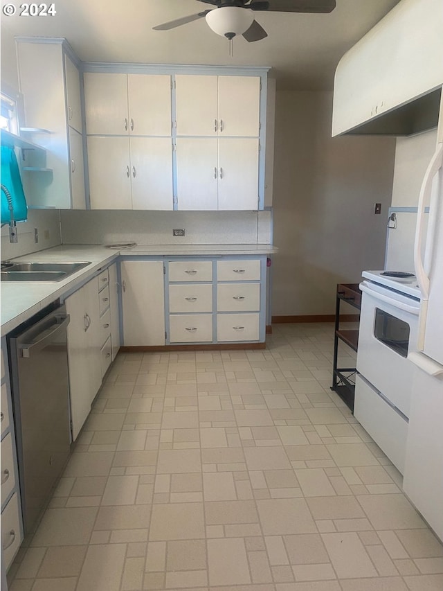 kitchen featuring white cabinets, ceiling fan, white appliances, and sink