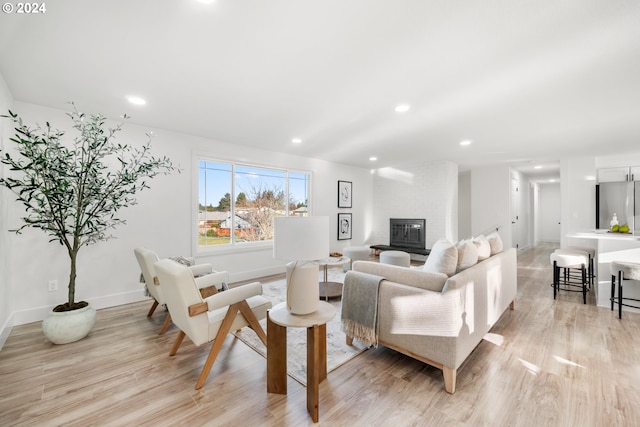 living room with a fireplace and light wood-type flooring