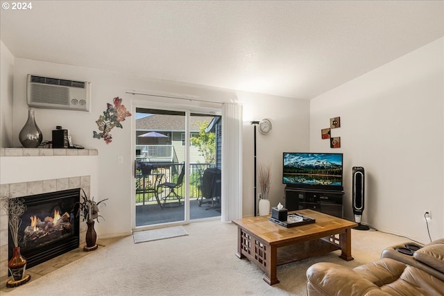 4744 W Powell Blvd Unit K227, Gresham, OR 97030 - living room with carpet flooring, a fireplace, and an AC wall unit