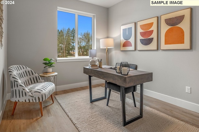 home office with hardwood / wood-style floors