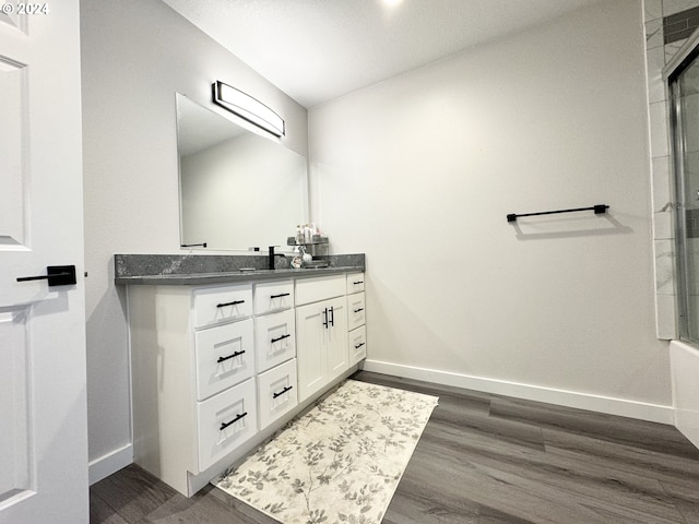 bathroom with wood-type flooring and vanity