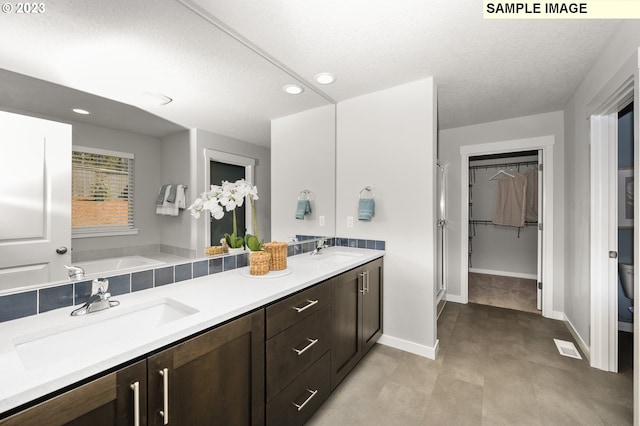 bathroom with vanity, a textured ceiling, and a washtub