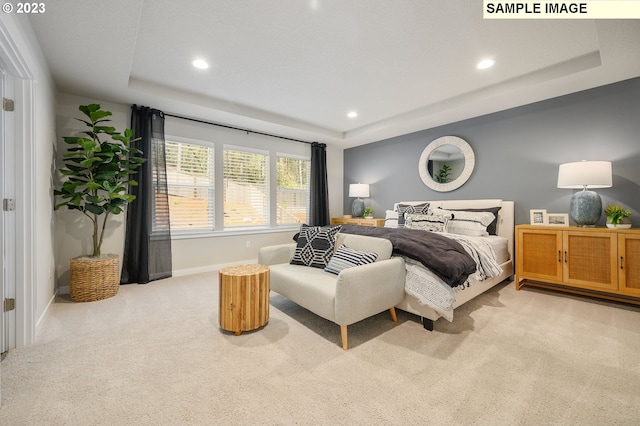 bedroom with a raised ceiling and light colored carpet