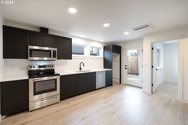 kitchen with sink, appliances with stainless steel finishes, and light wood-type flooring