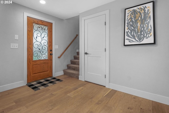 33020 S Dickey Prairie Rd, Molalla, OR 97038 - entrance foyer with baseboards, stairway, wood finished floors, and recessed lighting