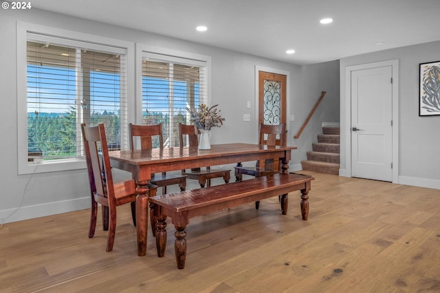 33020 S Dickey Prairie Rd, Molalla, OR 97038 - dining space with baseboards, light wood finished floors, stairs, and recessed lighting